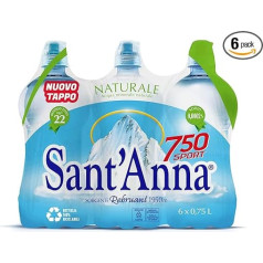 Acqua Sant'Anna 750 Urban Sport, 0,75 litru dabīgā ūdens pudele ar augšējo vāciņu, dabīgais minerālūdens plastmasas pudelēs, 100 % pārstrādājams, 6 pudeles pa 0,75 l katrā.