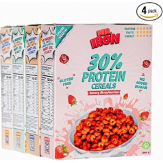 MR.IRON Mister Iron 30% proteīna graudaugu pārslas, dažādi garšas, bez lipekļa, ar zemu ogļhidrātu saturu, ar zemu cukura saturu, vegāniskas, augu izcelsmes, veselīgas brokastis, 4 kastītes (MIX 2)