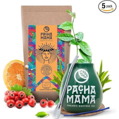 Pachamama Guayusa tējas piederumu komplekts 100 g | Pachamama Citrus 0,1 kg | Ekvadoras organiskais Ilex Guayusa | Yerba Mate tējas māsa | Calabash | Bombilla