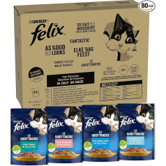 Purina Felix Mitrā kaķu barība ar tunci, lasi, mencu, mencu, 80 maisiņi pa 85 g