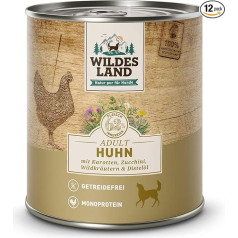 Wildes Land - Mitrā barība suņiem - Nr. 2 Vistas gaļa - 12 x 800 g - ar burkāniem, cukini, savvaļas garšaugiem un dadžu eļļu - Bez lipekļa - Īpaša gaļa - Labākā pieņemamība un saderība