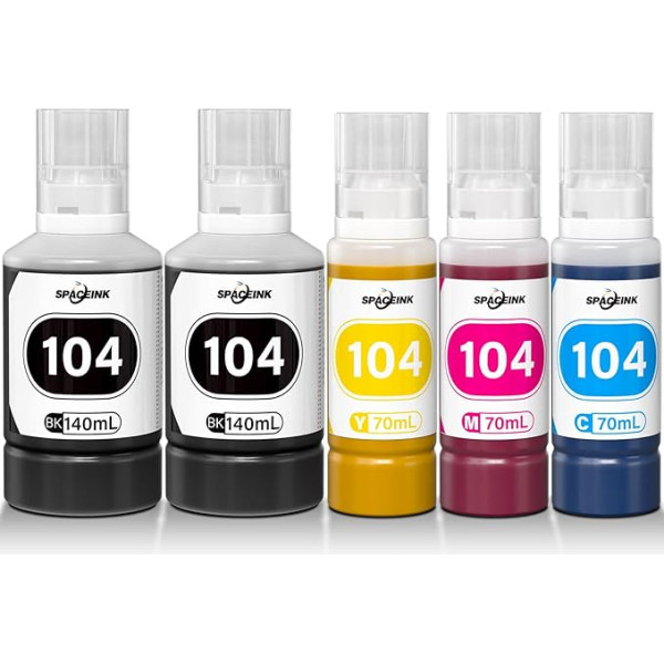 Spaceink Ink 104 Multipack Savietojams ar Epson 104 tintes iepakojumu ET-4800 ET-4810 ET-2810 ET-2810 ET-2820 ET-2811 ET-2812 ET-2814 ET-2815 ET-2821 ET-2710 ET-2711 ET-2711 ET-2711 ET-2711 ET-2711 ET-2711 ET-27112712 Printeris (2 melni, C,