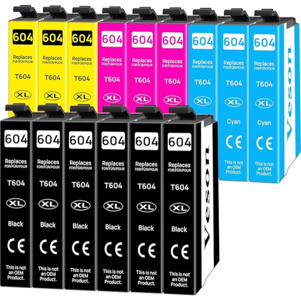 Veson 604 XL kasetnes, kas saderīgas ar Epson 604XL kasetnēm, kas paredzētas Epson Expression Home XP-4205 XP-4200 XP-3205 XP-3200 XP-2200 XP-2205, Workforce WF-2950 WF-2935 WF-2930 WF-2910, 15 gab. iepakojumā