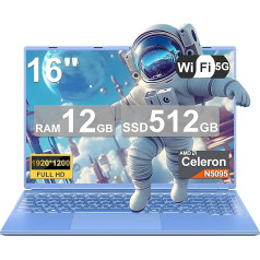 NOTODD Laptop 16 Inch 12 GB RAM 512 GB ROM Extensions 2.5 Inch 1 TB SSD, Laptop Win 11 with 4-Core CPU N5095 (up to 2.9 GHz), 1920 x 1200丨5G WiFi, Bluetooth & German Keyboard Sticker Blue