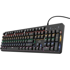 Trust Gaming mehāniskā spēļu tastatūra GXT 863 Mazz - Mehāniskais Outemu sarkanais slēdzis, vācu QWERTZ izkārtojums, 14 krāsu režīmi, USB Plug & Play, PC/Laptop, melna