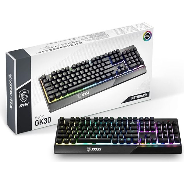 MSI Vigor GK30 spēļu tastatūra - AZERTY FR, pārslēdzēji ar meh membrānām, noturīga pret šļakatām, RGB Mystic Light, tastatūras īsceļu apgaismojums un multimediji, neslīdoša pamatne, USB 2.0, ar zeltītu pārklājumu -