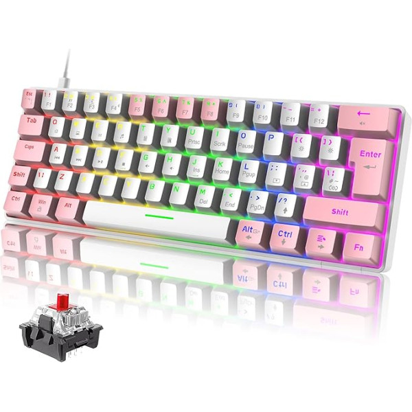 ZIYYOU LANG T61 Portatīvā 60% spēļu mehāniskā tastatūra ar sarkanu slēdzi, 19 Rainbow Light-Up tastatūra, UK izkārtojums, USB-C kabelis, mini kompakts, 62 taustiņi, Anti-Ghosting PC, Mac, PS4, Xbox, balta un rozā krāsā