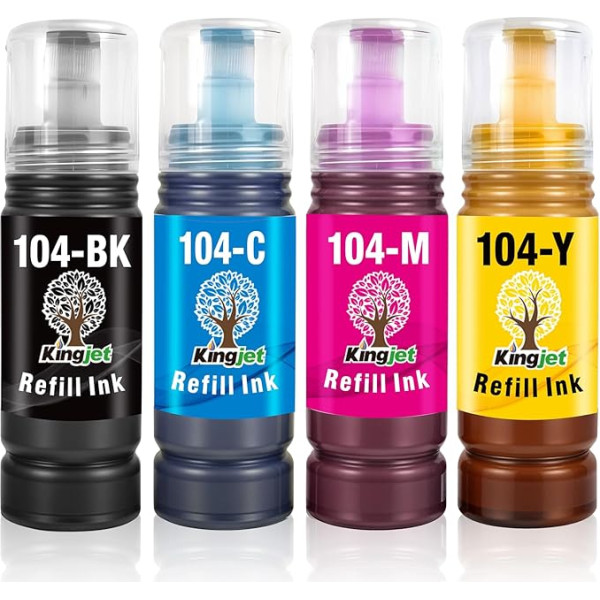 104 tintes pudele, kas saderīga ar Epson 104 daudzpaku tintes iepakojumiem Epson Eco Tank ET-2710, ET-2711, ET-2712, ET-2712, ET-2715, ET-2720, ET-2721, ET-2726, ET-4700, ET-2810, ET-2820, ET-2820 821 ET-2825 ET-2826 ET-4800.