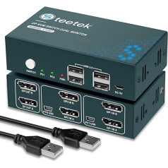 KVM slēdzis DisplayPort Dual Monitor, 4K @ 60Hz, USB 2.0, DP 1.2 DisplayPort KVM slēdzis 2 monitoriem, 2 datoru 2 monitoru slēdzis, 2 ieejas un 2 izejas, metāla korpuss ar termisko dizainu, ar kabeli, pogu slēdzis