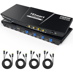 TESmart USB 3.0 HDMI KVM slēdzis 4 PC 1 monitoram, 4 porti 4K60Hz KVM slēdzis, EDID emulators, karstā taustiņa funkcija, USB printerim, skenerim, tastatūrai un pelei, audio izeja, 4 in 1 out slēdzis ar 4 x kabeļiem