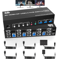 8K @ 60Hz 2 DisplayPort + HDMI USB 3.0 KVM slēdzis 3 monitori 4 datori 2 DP 1.4 + HDMI 2.1 Trīs monitoru KVM slēdzis ar audio mikrofonu + 3 USB 3.0 porti, trīs monitoru tastatūras un peles slēdzis