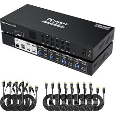 TESmart USB 3.0 4 Port Triple Monitor HDMI KVM Switch 4K @ 60Hz KVM Switch 3 Monitors 4 Computers 3 USB 3.0 Port, Audio Out, EDID Emulator, Hotkey, LAN Port, 4 in 3 Out KVM Switch with KVM Cables