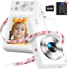 Digitālā kamera 1080P kamera 44MP kamera 16X digitālā tālummaiņa Kompaktā kamera ar 2,4 collu LCD ekrānu, 32G Micro SD karti un 1 akumulatoru bērniem, studentiem, iesācējiem Balta