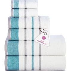 Casa Copenhagen White Bay-Handtuch aus 600 g/m² ägyptischer Baumwolle für Hotel, Spa, Küche und Bad, 6-teiliges Set mit 2 Bädern, 2 Händen, 2 Waschlappen - Weiß mit blaugrünem und grauem Rand