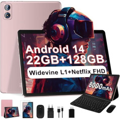 2025 Android 14 planšetdators 10 collas, 22 (6+16)GB RAM + 128GB ROM/TF 2TB, 8000mAh akumulators, 8 kodolu procesors, Face ID, Widevine L1, WLAN 6, GPS, BT5.0, 5MP + 8MP, planšetdators ar tastatūru un peli, metāla zelta korpuss