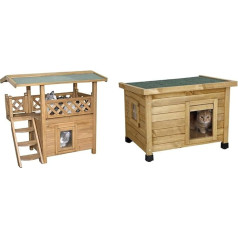 Kerbl Lodge kaķu mājiņa no glazēta koka un Rustica koka kaķu mājiņa, šūpuļdurvis ar līstēm, plastikāta logs, regulējams augstums, plastmasas kājas, brūna/zaļa, 57 x 45 x 43 cm