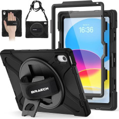 BRAECN iPad 10 Generation Case 2022 10,9 collu, izturīgs triecienizturīgs aizsargvāciņš ar ekrāna aizsargu, 360° rotējošu roku siksnu un statīvu, pildspalvas turētāju, plecu siksnu A2696/A2757/A2777 - melns