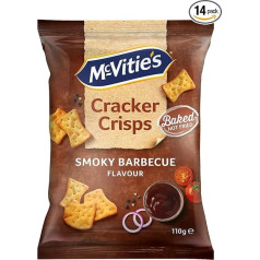 McVitie's Cracker Crisps Smoky Barbecue, pikanta uzkoda ar dūmakainu barbekjū garšu, kraukšķīgas krāsnī ceptas krekeri, 14 x 110 g