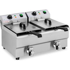 Royal Catering Fryer Nerūsējošā tērauda dubultā fritēze RCEF 10DB (2 x 3000 W, ietilpība: 2 x 10 L, temperatūras diapazons: 50-200 °C, aukstā zona, ar iztukšošanas krāniem)