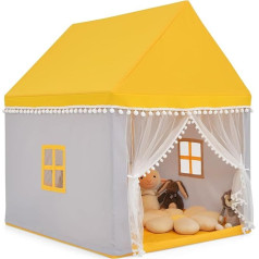 FANTASK Kinderzelt mit Massivholzrahmen & Baumwolldecke, Kinderspielhaus für Jungen Mädchen Prinzess Prinzessin, Gelb Kinderspielzelt Indoor, Kinder Spielhaus für Drinnen, 120x105x140cm