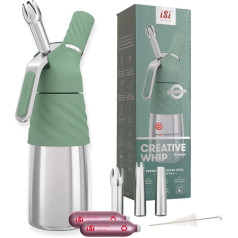 iSi Creative Whip Premium krējuma dozators 500 ml, Wave Green, nerūsējošais tērauds, ietilpst 3 nerūsējošā tērauda sprauslas un 2 iSi krējuma kapsulas, iSi krējuma dozators krēmam, desertiem un pikantiem ēdieniem,