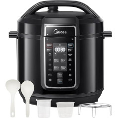 Midea Elektriskā spiediena katls 9-in-1, 12 iestatījumi Instant Multi Cooker Nepielipīgs katls Jogurta katls Rīsu katls Lēnais katls Lēnais katls sautēšanai Tvaicētājs Nerūsējošā tērauda iekšējais katls 8 kvarti melns