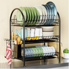 HZE Dish Drainer Dish Drainer 3-Tier Black Removable Dish Drainer Metal Crockery with Large Capacity Dish Drainer Small for Kitchen Counter