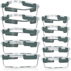 VERONES 10 Piece Glass Crisper Set, Airtight Glass Lunch Containers, Stackable Glass Food Storage Containers Set with Lid, Freezer and Dishwasher, Grey