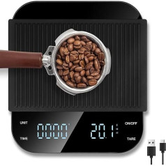 Vankarr Digitālie kafijas svari ar taimeri, Espresso svari ar 0,1 g precīzu gradāciju, USB uzlādējams precīzijas svari, Mini virtuves svari, plūsmas mērīšanas kafijas svari ar taras funkciju, Max 3