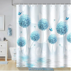 Bonhause dušas aizkars Dandelion Blue Flower Butterfly 180 x 180 cm dušas aizkari Anti-Mould Waterproof poliestera auduma mazgājams vannas istabas aizkars vannas istabai ar 12 āķiem