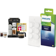 De'Longhi Eletta Explore Perfetto ECAM452.57.G Pilnībā automātiskais kafijas automāts un Philips sadzīves tehnika CA6704/10 Kafijas tauku šķīdināšanas tabletes pilnībā automātiskajiem kafijas automātiem, baltas, 1 gab.