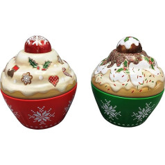 2 skārda bundžu komplekts kausa formas kūciņas formā Sarkans un zaļš glīts dekorēts vāks ar maigiem nakts motīviem, izmēri: 8 x 8 cm, tilpums: 120 ml