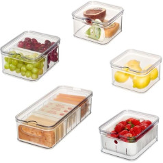 iDesign Storage Boxes, Fridge Organiser with Lid, Set of 5, Recycled Plastic Food Storage Containers for Storage Organisation, Transparent and White