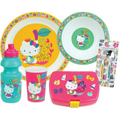 Hello Kitty bērnu trauku komplekts ar 1 glāzi 220 ml, 1 zupas šķīvja diametrs 16 cm, 1 šķīvja diametrs 22 cm, 1 dzeramā kausa 350 ml, 1 uzkodu kastītes un 2 segas, augstums 13,5 cm - atkārtoti lietojami galda piederumi