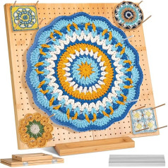 Bambusa salokāms Granny Square spriegotājs 38 x 38 cm ar 30 nerūsējošā tērauda stieņu adatām - 676 caurumi precīziem projektiem, tamborēšanas bloķēšanas dēlis, izturīgs un viegli uzglabājams (38 x 38 cm)