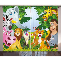 ABAKUHAUS Rustikāls aizkars bērnistabai, Safari Jungle Funny, dzīvojamā istaba Universāls līmlente aizkars ar cilpām un āķiem, 280 x 225 cm, zaļi dzeltens