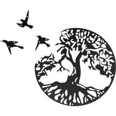 bowarepro Black Metal Tree of Life Wall Art Round Tree of Life Wall Sculpture Silhouette Tree and Bird Wall Art Sienas mākslas dekoru iekārtojums Virtuves guļamistaba Dzīvojamā istaba Biroja kāpnes