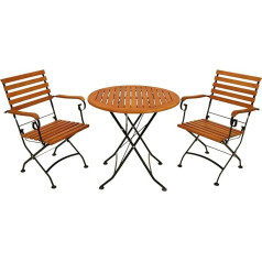 DEGAMO Hofgarten dārza saliekamais komplekts no 3 daļām (2 x krēsli ar roku balstiem, 1 x apaļš galds 75 cm), melns pulverkrāsots tērauds, eikalipta koksne, brūns, FSC® sertifikāts, āra apgaismojums