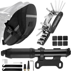 Velosipēda seglu somas remonta komplekts ar 16-in-1 multifunkcionālu instrumentu, velosipēda sūkni, riepu sviru, kompaktu somu ceļošanai, ideāli piemērots palīdzības sniegšanai uz ceļa un remontam