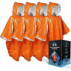ELK avārijas pončo ar siltuma krātuvi un Mylar divpusējo segu ar atstarojošo pusi labākai redzamībai - izdzīvošanas aprīkojums un inventārs kempingiem brīvā dabā (oranžs, 4 gab.)