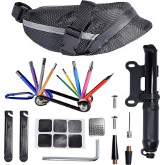 Velosipēdu remonta komplekts ar mini velosipēdu riepu sūkni, pārnēsājamu velosipēdu remonta instrumentu soma ar velosipēdu multi instrumentu un velosipēdu riepu remonta komplektu, velosipēdu apkopes komplekts ceļa velosipēdam un MTB