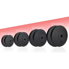 Physionics® Svaru plāksnes - 2 komplekti (2,5 kg / 5 kg / 10 kg / 15 kg), diametrs 30 mm, plastmasa, melns - svaru plāksnes, atsvaru komplekts hantelei / šķēpmeistaram / hantelei