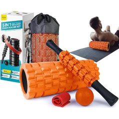 Krightlink 5-in-1 Foam Roller komplekts, Trigger Point Foam Roller muskuļu masāža, augsta blīvuma fitnesa vingrinājumu putu rullītis, masāžas rullītis, masāžas bumba, pretestības josla pilates jogai (oranžs)