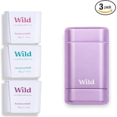 Wild Natural atkārtoti uzpildāms dezodorants, bez alumīnija sāļiem, violeta dezodoranta tvertne ar uzpildes iepakojumu, satur svaigas kokvilnas un jūras sāls, jasmīna un mandarīna, kokosriekstu un vaniļas aromātus, vegāns