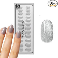 DOONAILS Soft Gel Press On Nails Set of 30 Grey Cateye Rounded Shape Silver - Uzlīmējami nagi ar salona kvalitātes pārklājumu - mākslīgie nagi ar mīkstu želeju - dabiski un ērti valkāt