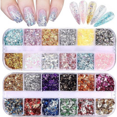 EBANKU 2 kastes hologrāfiskās nagu mākslas nagu plēves Nagu plēves spīdumi Glitter zelta sudraba neregulāras plēves Krāsaini konfeti spoguļa efekts Akrila plēves plēves folija DIY nagu mākslas apdare Spīdīgas plēves