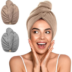 YFONG Mikrošķiedras dvieļi sievietēm Super absorbējošs ātri žāvējams matu turbāns visām frizūrām Anti Frizz Liels matu žāvēšanas dvielis ar pogu 2 Pack