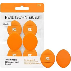 Real Techniques Mini Miracle Concealer Puff, maza grima pūka šķidrajam un krēmveida pamatam un korektoram, mērķtiecīgi sedz acu zonas un nepilnības, 6 gabaliņu iepakojums