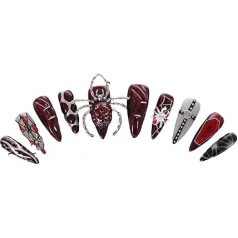 PN-028 Piespiežamie nagi Lakotas 10 atkārtoti lietojamu mākslīgo Premium nagu komplekts Bloody Spider Heart Coffin Vampire Dracula Metallic Red