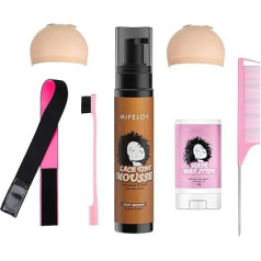 7 gabalu parūku instrumentu komplekts, sieviešu mežģīņu tonis, kausēšanas matu putas putas 3,4 oz, Mocha Light Brown Toupees Spray Glue, stila vasks Stick Pomade Gel, elastīga parūku josla, malu birste, ķemme, neto parūku cepure